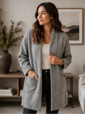 Zara Collection Grey Bouclé Long Cardigan  Coat Open Front Size L Classic